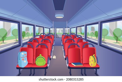 School Bus With Backpacks Inside View. Empty Bus Interior. Vector Illustration.