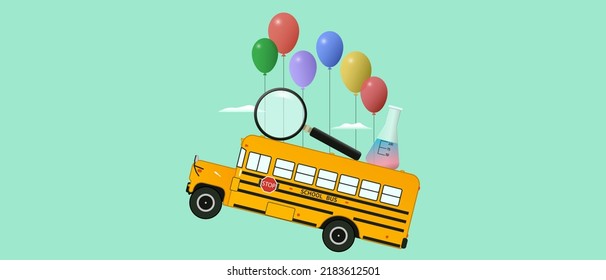 School bus, balloons, magnifier and laboratory flask on turquois