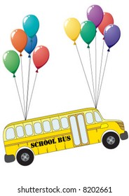 School bus with balloons on the sky