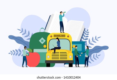 School bus, book, bag, and apple with human concepts, vector illustration