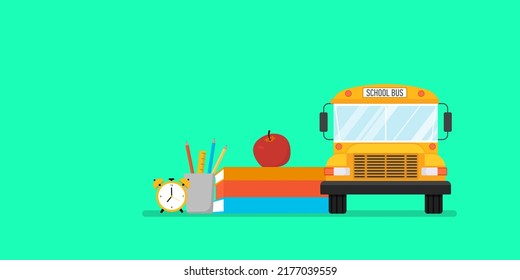 School bus with books, alarm, apple, and pencils. Back-to-school concept. Vector banner, copy space