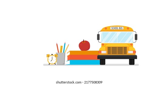 School bus with books, alarm, apple, and pencils isolated on the white background. Back-to-school concept. Vector banner, copy space