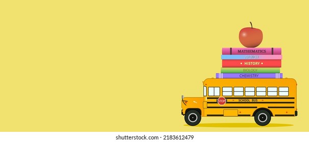 School bus, books and apple on yellow background with space for 