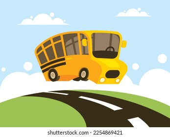 A school bus bouncing along the road to school against the background of a summer landscape with clouds. Vector graphics