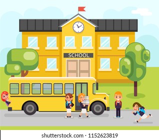 School bus boy girls pupil education building student knowledge child flat design vector illustration