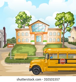 School bus and school building