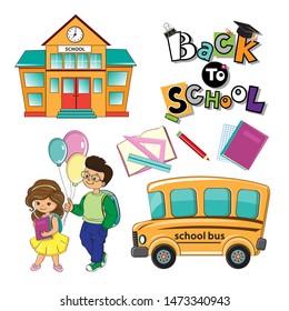 School bus, school building, school children boy and girl and the inscription back to school on a white background