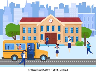 School bus, building, and front yard with students children, teacher on cityscape background cartoon vector illustration. Children transportation yellow school bus with kids inside, going to learn.