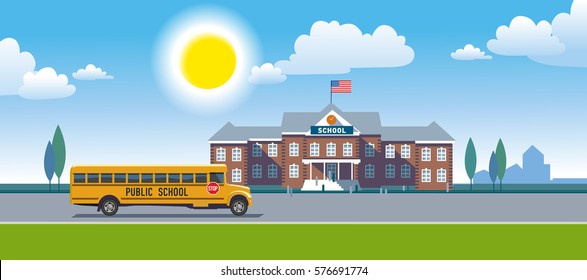 A school bus and school building. Vector illustration .eps10