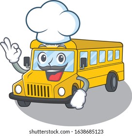 School bus cartoon character working as a chef and wearing white hat