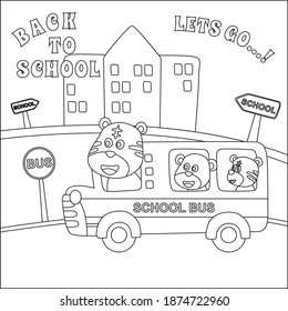 School bus cartoon. Cute animal in school bus. Coloring book. Cartoon isolated vector illustration, Creative vector Childish design for kids activity colouring book or page.