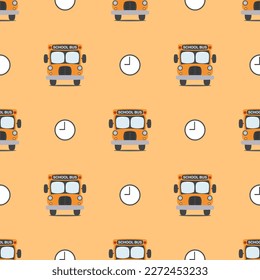 School bus cartoon so cute.on clock and yellow background. Pattern seamless vector illustration.
