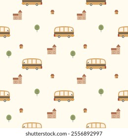 School bus cartoon so cute. On tree school house background. Pattern seamless vector illustration. 