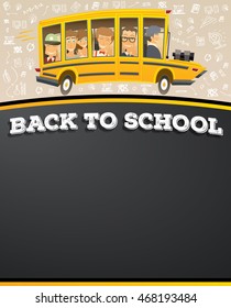 School Bus in Cartoon Style with Pupils and Copy Space. Back to School on Black Chalk Board. Vector Illustration. 