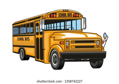 School bus cartoon. Vector isolated yellow bus vehicle, Back to School and students transportation symbol