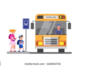 School bus, children back to school in cartoon flat illustration vector isolated in white background