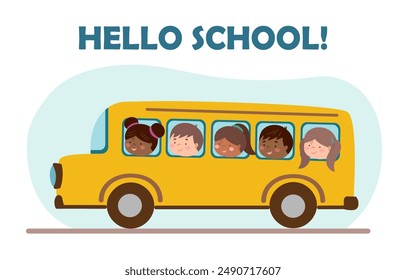 School bus with children. Back to school concept. Childrens school elements. Back to school poster.