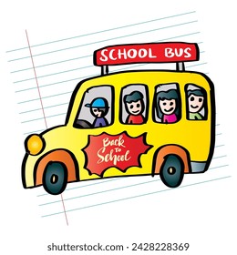 School bus with children. Back to school design. Vector illustration.