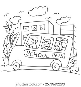 School bus with children. Black and white illustration for coloring book.