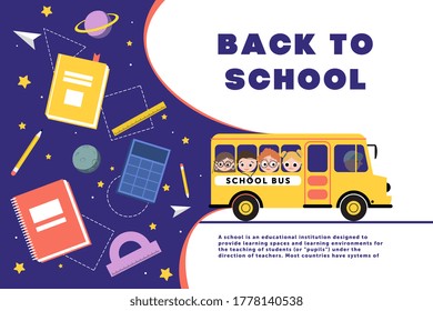 School bus with children. School is coming soon. Return to school. Poster for school. Vector illustration.