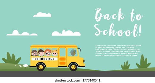 School bus with children. School is coming soon. Return to school. Poster for school. Vector illustration.