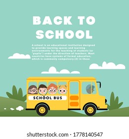 School bus with children. School is coming soon. Return to school. Poster for school. Vector illustration.