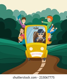 The school bus with children and driver on a forest background for your design.