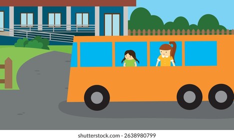 school bus with children in front of the school building vector illustration design
