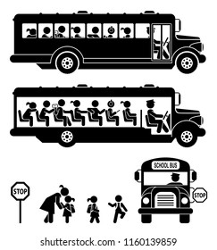 School bus. School children. Children go to school by school bus. Pictogram icon set.