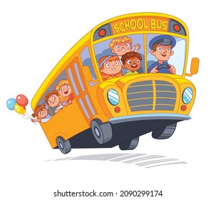 School bus with children goes to school or on an excursion. Colorful cartoon characters. Funny vector illustration. Isolated on white background