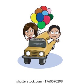 School bus and children hand drawn cartoon illustration