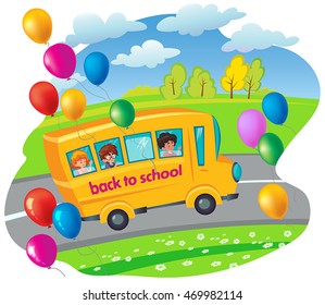 school bus with children moving in the road. flying balloons. vector illustration drawing in cartoon style. good for your design!