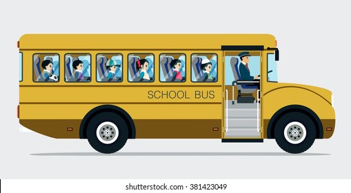 School bus with children on a gray background.
