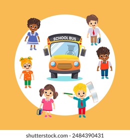 autobús escolar y niños fondo naranja