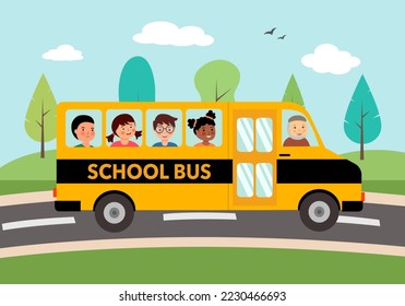 School bus with children students in flat design.