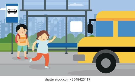 School bus and children vector illustration in flat style. Back to school concept.