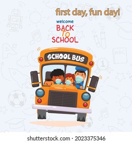 School bus with children wearing masks illustration vector with elements background