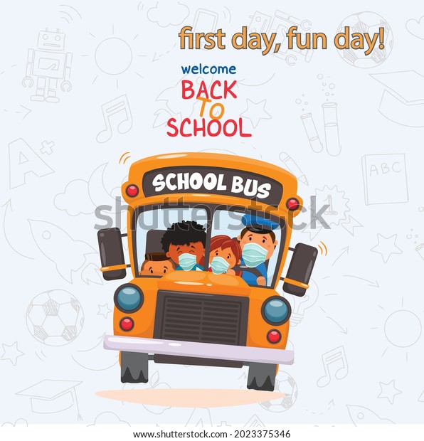 School bus with children wearing masks\
illustration vector with elements\
background