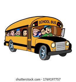 School bus with children. School yellow bus on a white background. Isolated. School bus illustration