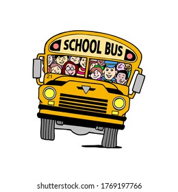 School bus with children. School yellow bus on a white background. Isolated. Vector school bus illustration