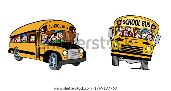 School bus with\
children. School yellow bus on a white background. Isolated. Vector\
school bus illustration
