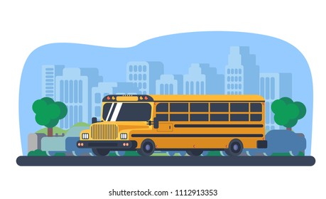 School bus in city. Back to school road. Vehicle for transportation of students and pupils. Vector illustration