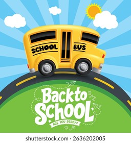School bus clipart design. Back to school greeting text clip art with kids school bus service elements in blue sky concept background vector illustration.  
