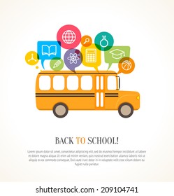 School bus with color speech bubbles and education icons. Concept of school education.  This illustration contains a transparency