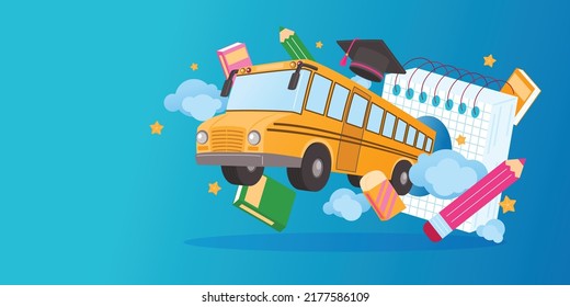 School Bus Come Out From Notebook, Vector, Illustration