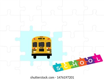 School bus concept template vector of puzzle pieces ready for your text.  Blank white puzzle pieces are in the background.