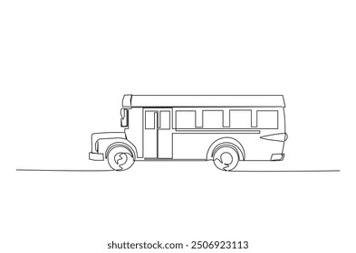 Dibujo continuo de una línea de autobús escolar. Ilustración de arte de una sola línea de autobús de la vieja escuela. Vector editable.