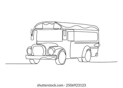 School bus continuous one line drawing. Old school bus single line art illustration. Editable vector.