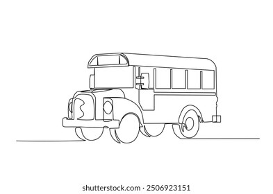 School bus continuous one line drawing. Old school bus single line art illustration. Editable vector.