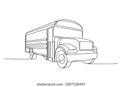 School bus continuous one line drawing. Old school bus single line art illustration. Editable vector.